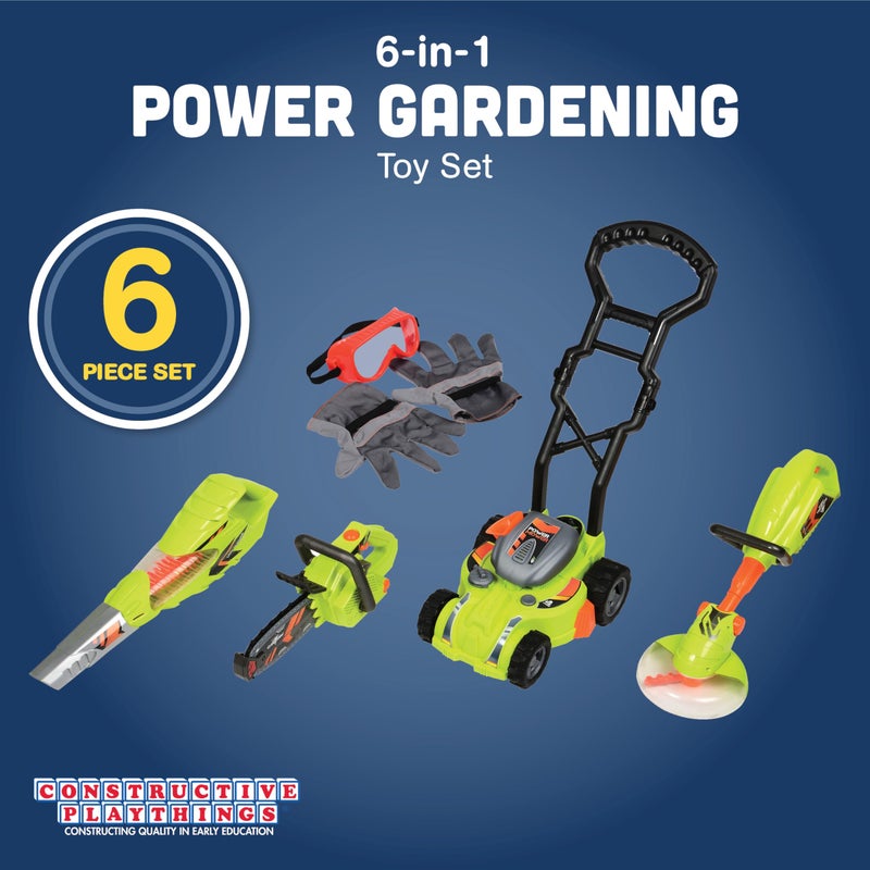 Constructive Playthings CP Toys 6-Piece Power Gardening Toy Set for Kids Ages 3+, Child Size Indoor/Outdoor Play Kids Tool Set with Leaf Blower, Chainsaw, Lawn Mower, and More, Green - Image 2